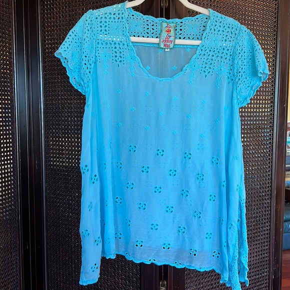Johnny Was Tops - Johnny Was aqua eyelet top size Small